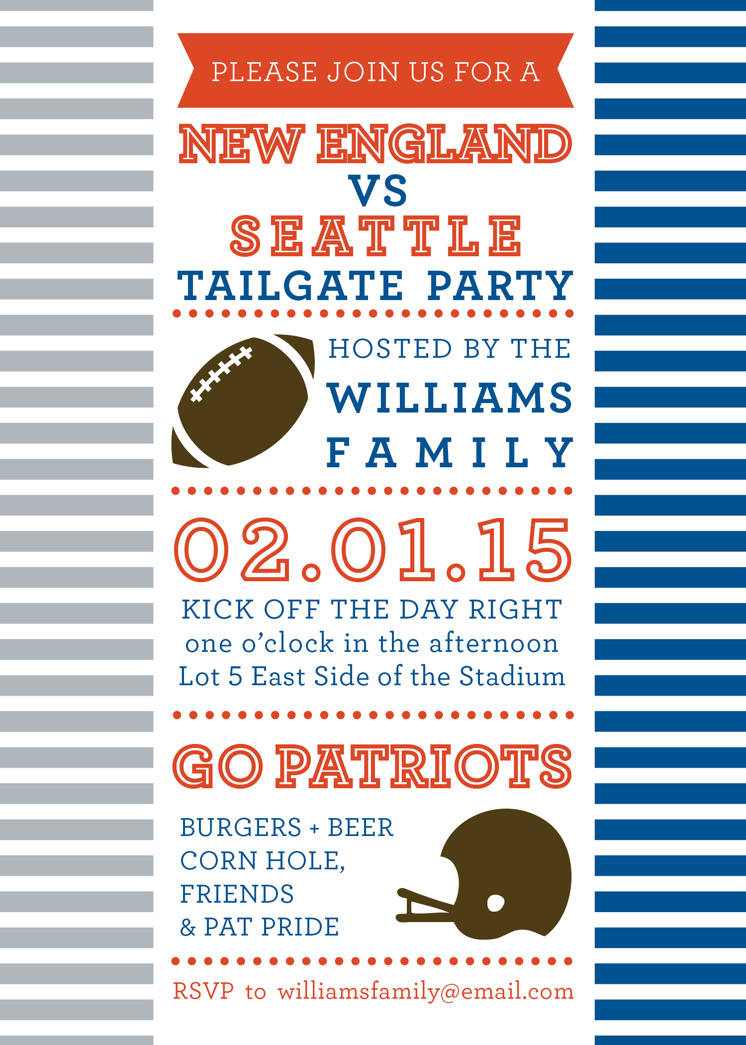 Silver and Blue Stripes Football Tailgate Party Invitation