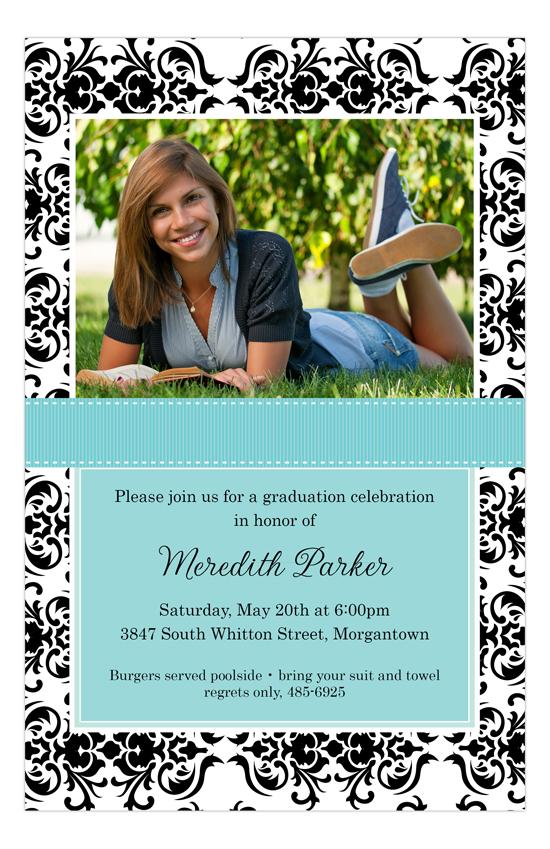 Aqua Damask Graduation Photo Announcements