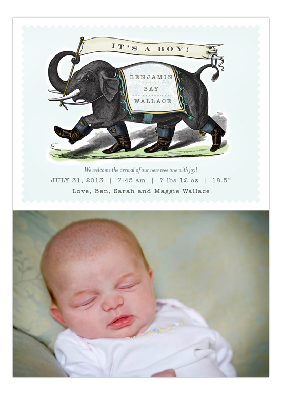Blue Elephant Parade Birth Photo Card
