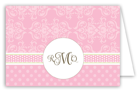 Pink Damask Monogram Folded Note Card