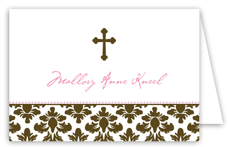 Brown Cross Pink Floral Damask Folded Note Card