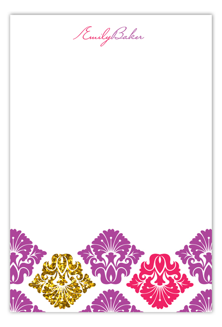 Purple Glitter Damask Flat Note Card