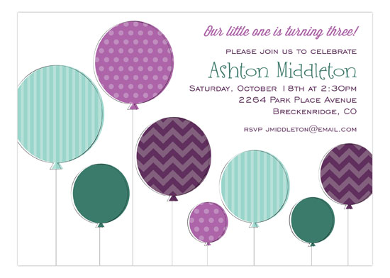Radiant Orchid and Aqua Ballons Birthday Invitation