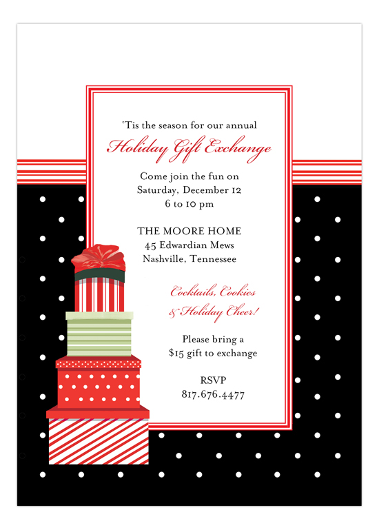 Stacked Gifts Black Polka Dot Christmas Invitations