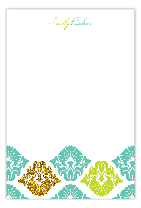 Turquoise Glitter Damask Flat Note Card