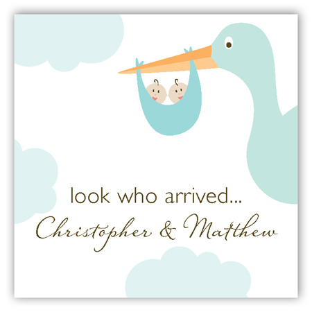 Twin Boy Stork in the Sky Gift Tag