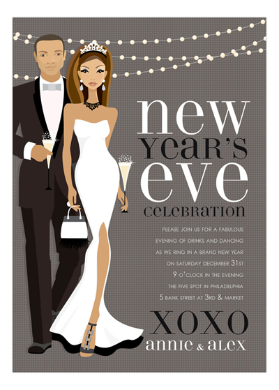 African American B+W New Year Couple Invitation