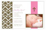 Pink Floral Damask Girls First Communion Photo Card